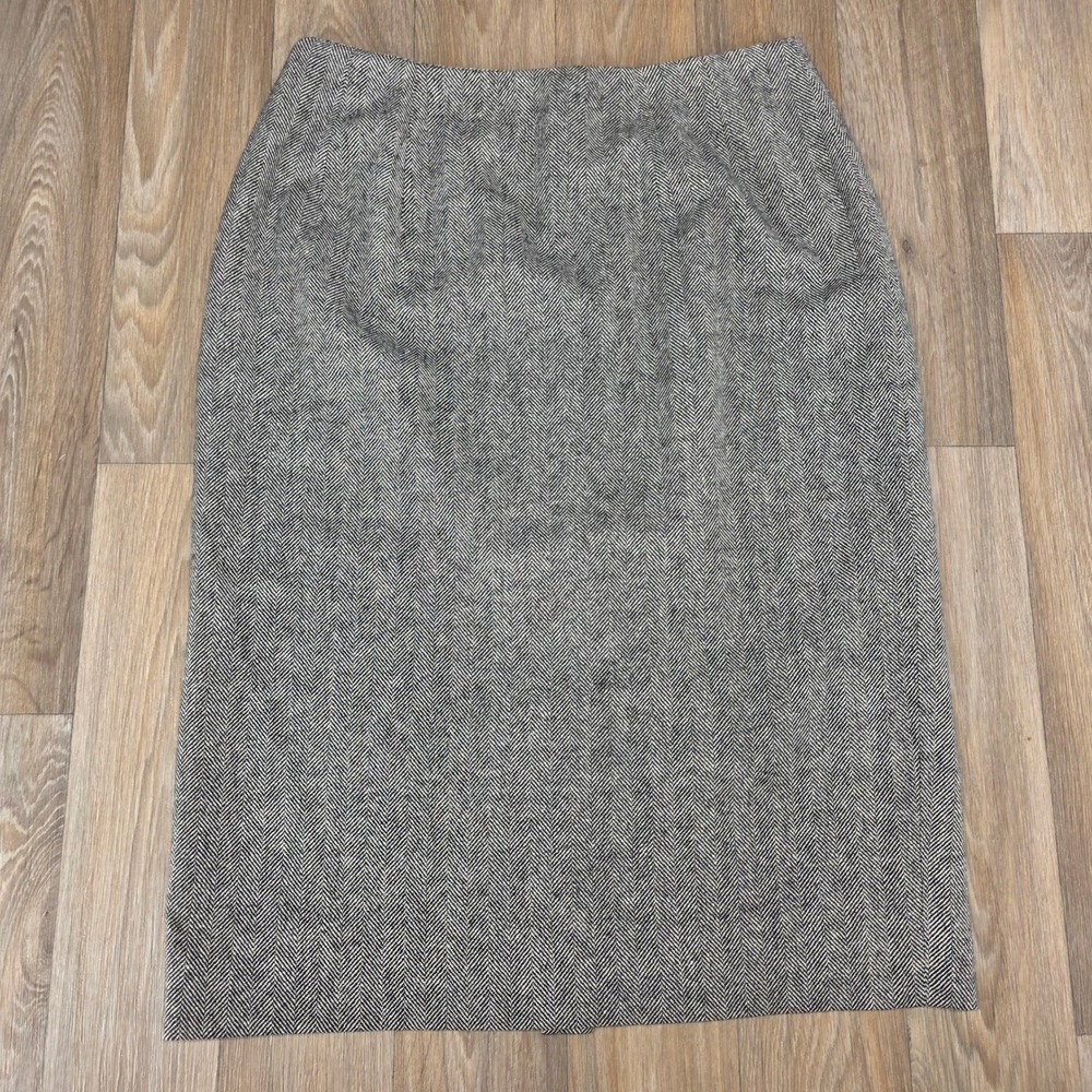 Barneys New York Womens Herringbone Pencil Skirt Black White 8 Midi Back Slit
